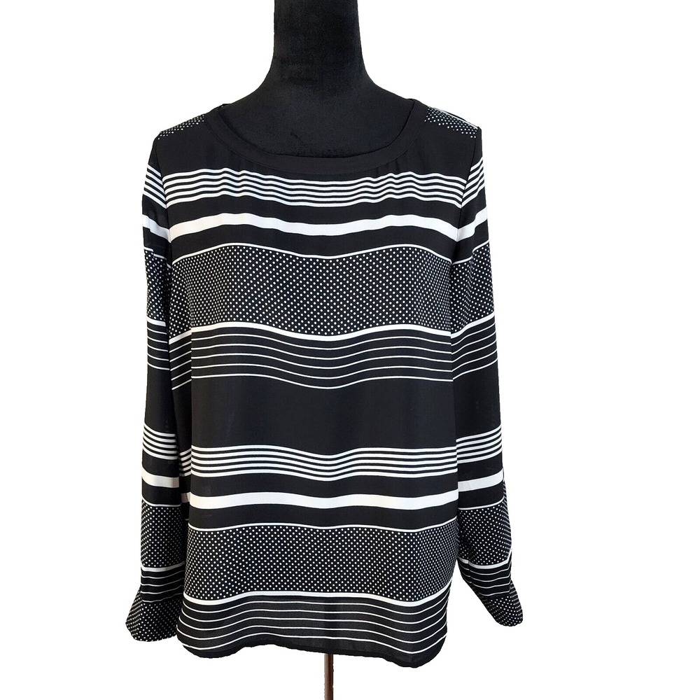 Ann Taylor LOFT Size Medium B&W Dots & Stripes Semi-sheer Chiffon Roll Tab Tunic